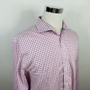 Tommy Hilfiger 17.5 34/35 Slim Fit Non Iron Dress Shirt Pink White Plaid Cotton
